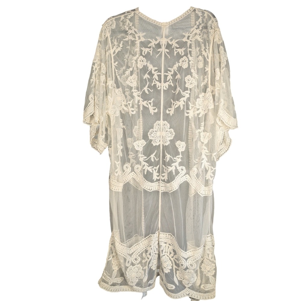 Ivory Floral Embroidered Mesh Kimono Duster Open Front Bohemian Boudoir Cardigan - Picture 4 of 5